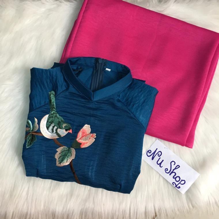 Siêu phẩm áo dài may sẵn tây thi thêu xanh điệu duyên dáng