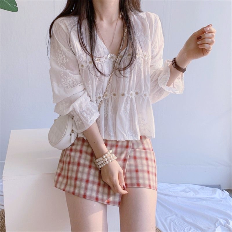 Áo sơ mi hoa cúc trắng dài tay, họa tiết thêu phong cách Hàn Quốc- Lemontaobao1688