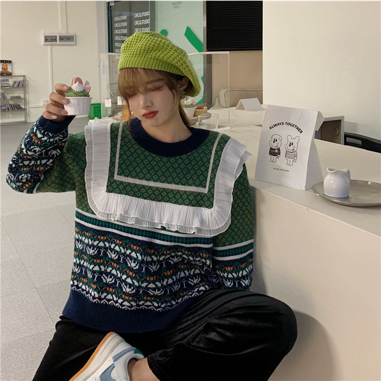Áo len xanh phối viền ren cao cấp, áo len chui đầu tiểu thư siêu hot 2021 | BigBuy360 - bigbuy360.vn