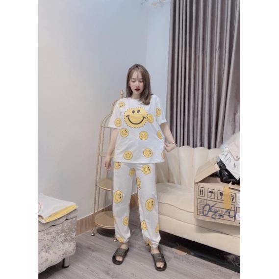 Bộ Mặc Nhà Hình Mặt Cười Smile Cute Dáng Rộng - Set Bộ Đi Chơi Phong Cách năng Đông Quần dài Áo Thun (có ảnh thật)