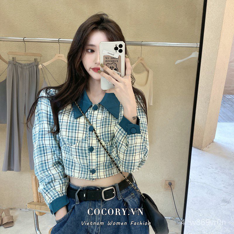 Áo Sơ Mi Croptop Tay Dài Họa Tiết Ca Rô Xinh Xắn Dành Cho Nữ