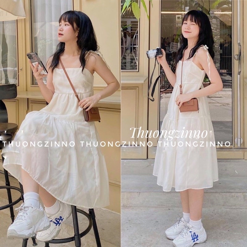 [Ảnh thật/Video]Váy 2 dây babydoll voan tơ buộc dây vai dáng xoè xếp tầng cực xinh