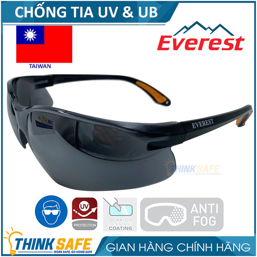 Kính bảo hộ lao động Everest Thinksafe, mắt kính chống bụi đi đường, chống tia UV, bảo vệ mắt đa năng - EV202 màu đen