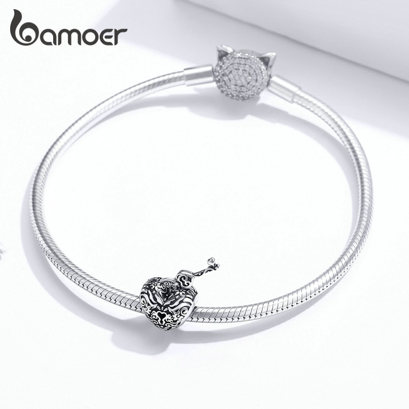 Hạt trang sức Bamoer bằng bạc 925 hình ổ khóa trái tim và chìa dùng làm trang sức vòng tay cho nữ