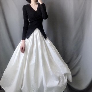 Chân váy dáng dài lưng thun cao màu đen/ trắng thiết kế xòe thời trang 2021 dành cho nữ #1