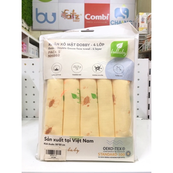 Set 5 khăn xô mặt Dobby 4 lớp Lullaby hoạ tiết xinh xắn, đáng yêu cho bé