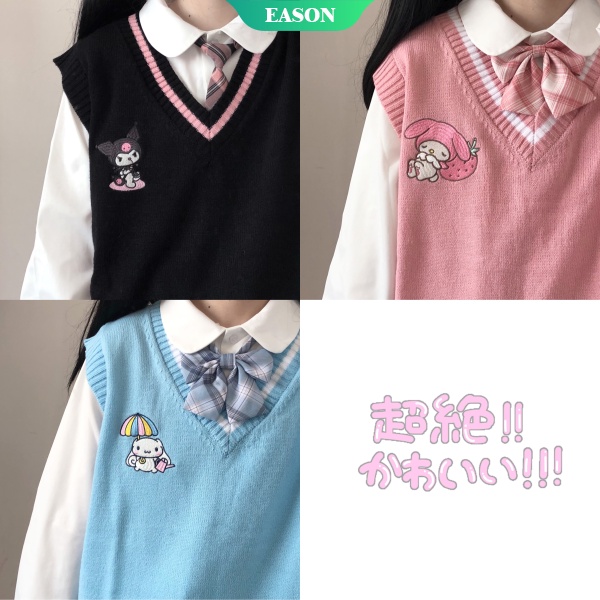 Áo Len Không Tay Cổ Chữ V Dáng Rộng In Hình Cinnamoroll Và Kuromi Phong Cách Nhật Bản Thời Trang Thu Đông Dành Cho Bạn Nữ