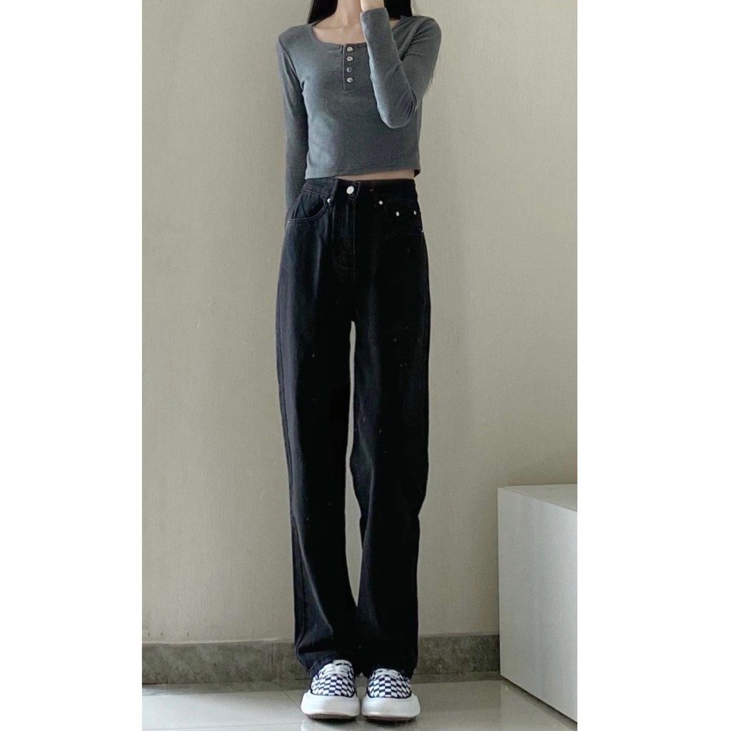 Quần jean ống rộng lưng cao màu xám đen