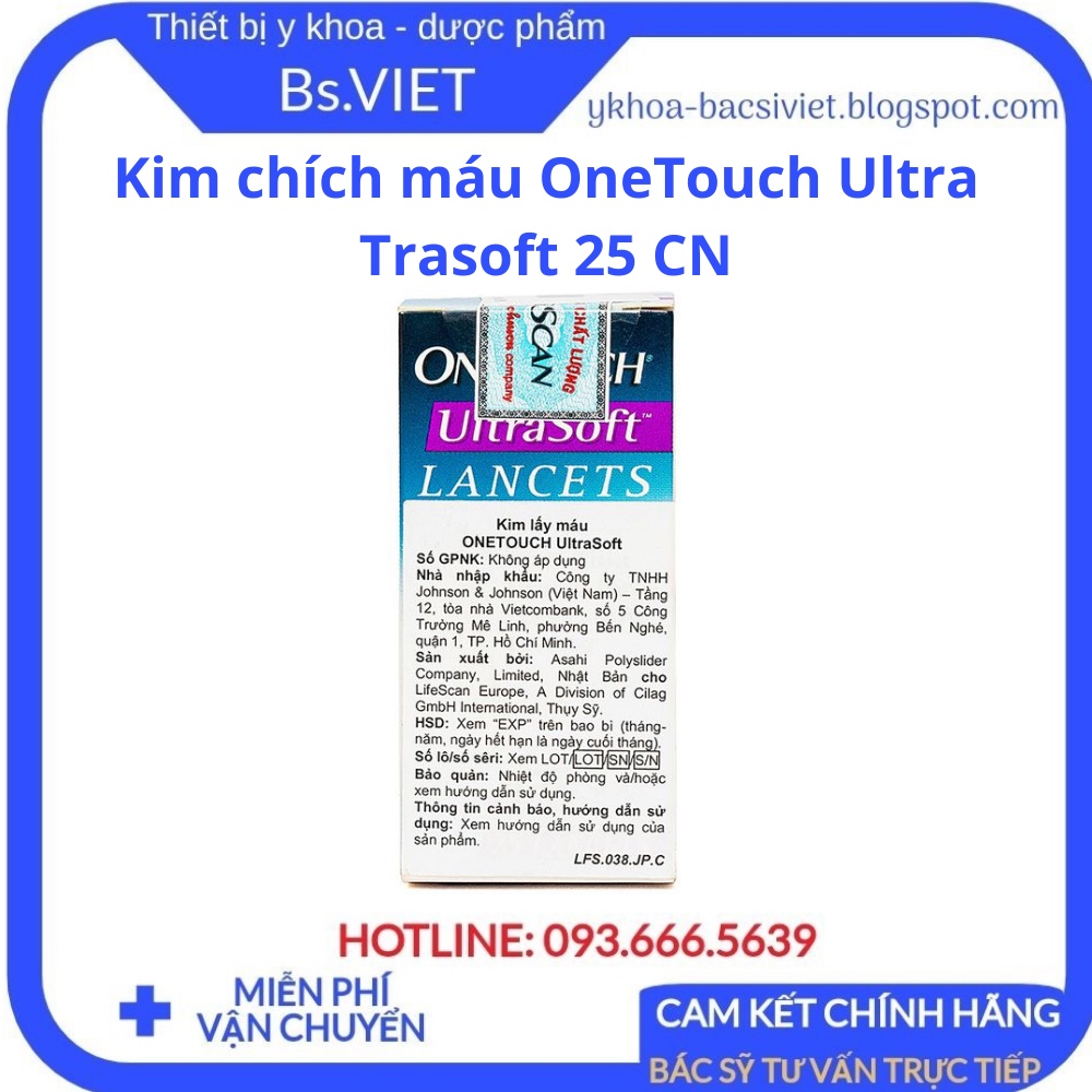 Kim chích máu OneTouch Ultra Trasoft 25 CN - Thiết kế đầu vát kim cương, giảm đau, lấy máu dễ dàng, an toàn - Bsviet