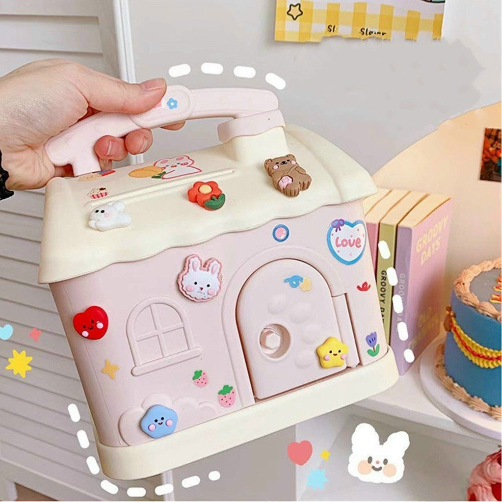 Hộp đựng tiền tiết kiệm hình ngôi nhà có khóa dễ thương kèm sticker, két sắt mini cho bé