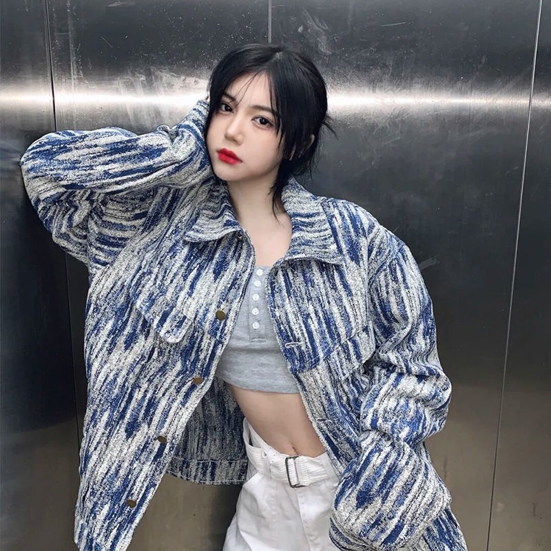 Jiashucheng Áo Khoác Denim Nhuộm Màu Dáng Rộng Phong Cách Harajuku Hàn Quốc Mới
