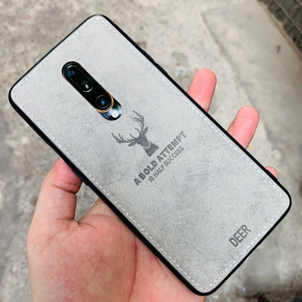 Ốp lưng Oneplus 7 Pro vân vải khắc 3D hình Nai (Full màu)