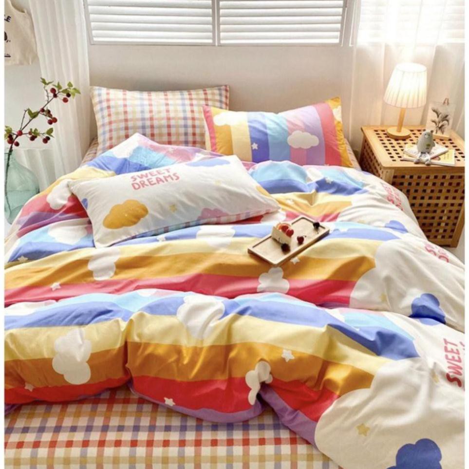 [SALE SỐC]Bộ chăn ga phong cách Hàn Quốc - Drap giường cotton poly nhập khẩu họa tiết cầu vồng_Hàng không bao gồm ruột