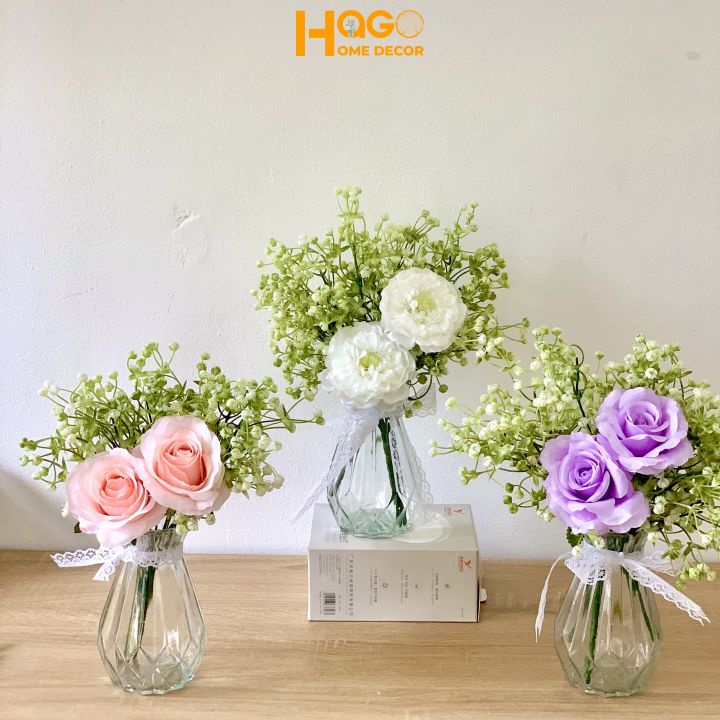 Bình hoa, lọ hoa thủy tinh cắm kèm hoa hồng Rose cao 32cm thiết kế sang trọng để bàn tiệc, bàn trà, bàn trang điểm,kệ tủ
