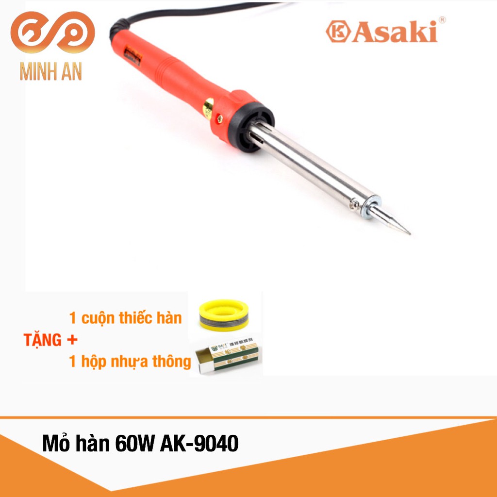 Mỏ hàn thiếc 60W [HÀNG CHÍNH HÃNG] ASAKI AK-9040 TẶNG 1 cuộn thiếc và 1 hộp nhựa thông - Mối hàn đẹp, nhiệt lên nhanh