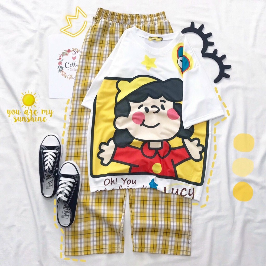 Set đồ bộ nữ quần caro kate ống rộng NHIỀU MẪU 3, đồ bộ hoạt hình Freesize Molly Fashion | BigBuy360 - bigbuy360.vn