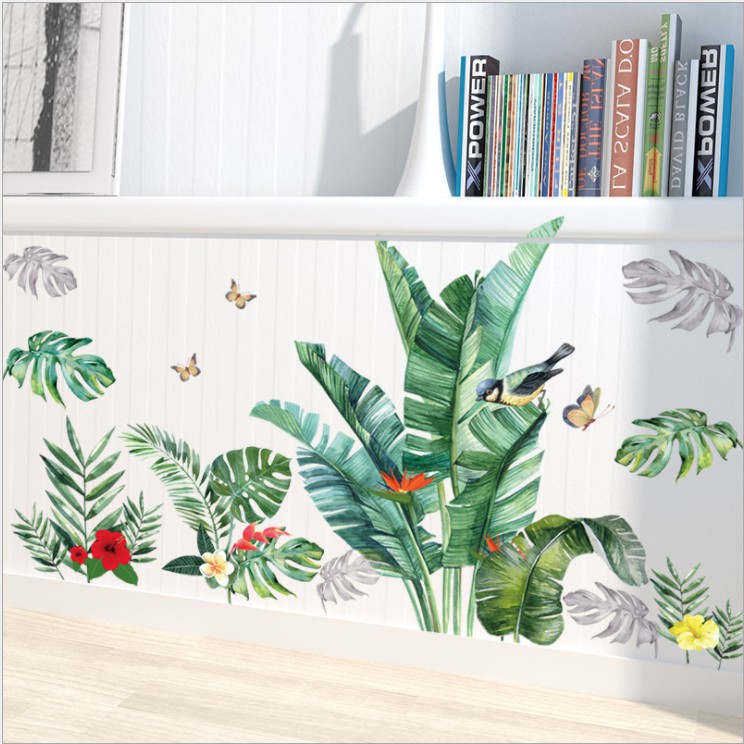 Decal dán tường trang trí - BỤI CHUỐI KẾT HỢP BẠC HÀ HOA ĐỎ CHIM XANH