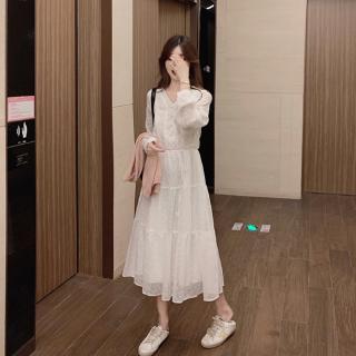 Set Đầm Trắng Tay Dài Phối Áo Khoác Vest Không Tay Thời Trang Mùa Thu Cho Nữ