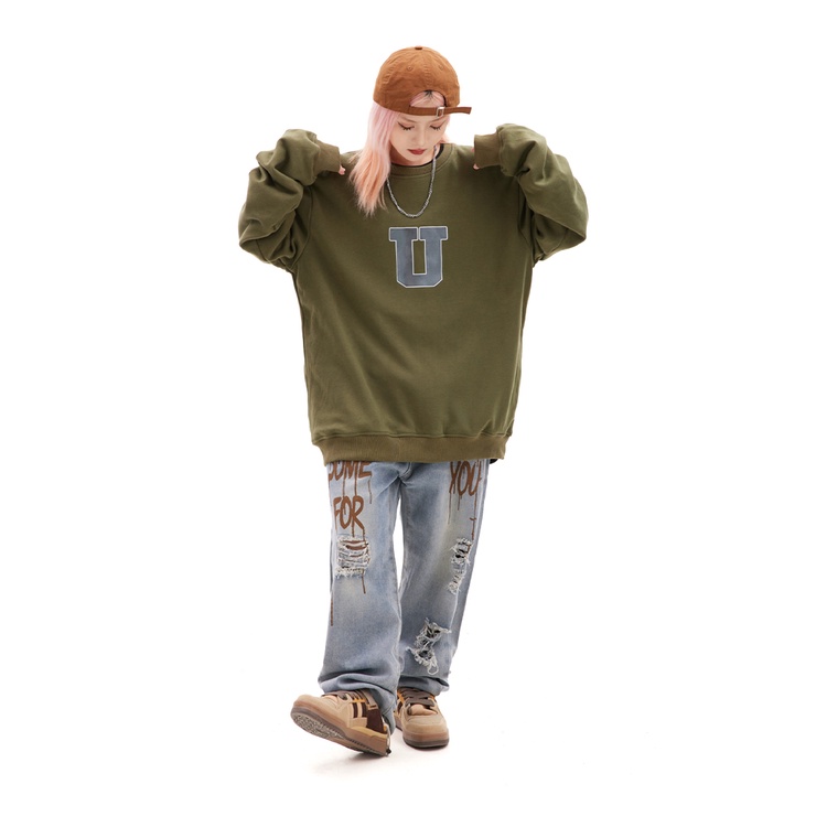 Áo Sweater Nỉ Make It Rain Heybig  màu xanh rêu họa tiết in chữ U