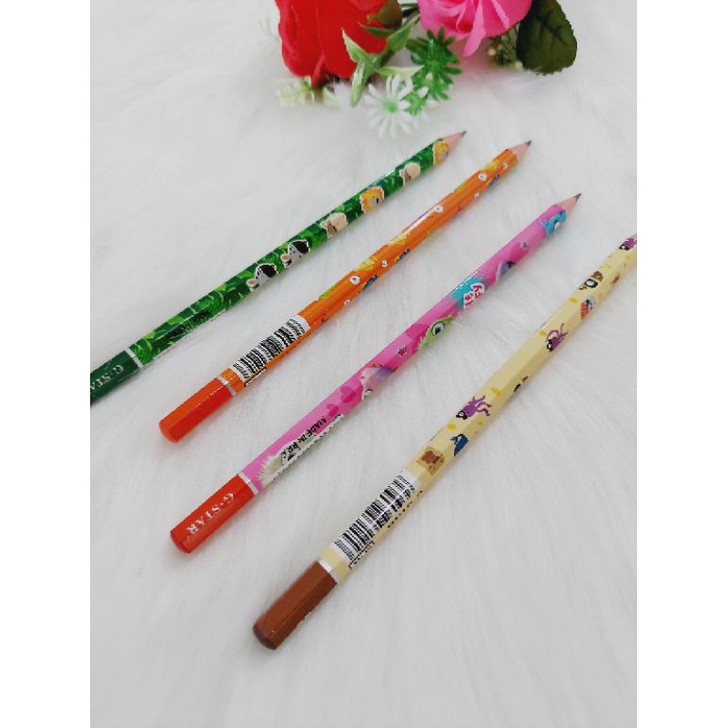 Hộp 12 bút chì 2B hoạt hình ⚡ SIÊU ĐÁNG YÊU ⚡ Cây viết chì HT102 họa tiết dễ thương, màu sắc đa dạng