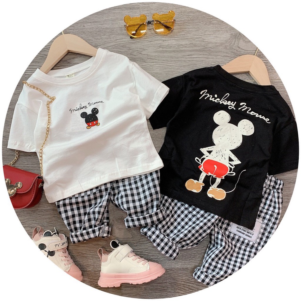 BÁN SỈ - SET BỘ MICKEY ÁO PHÔNG QUẦN KẺ CHO BÉ GÁI