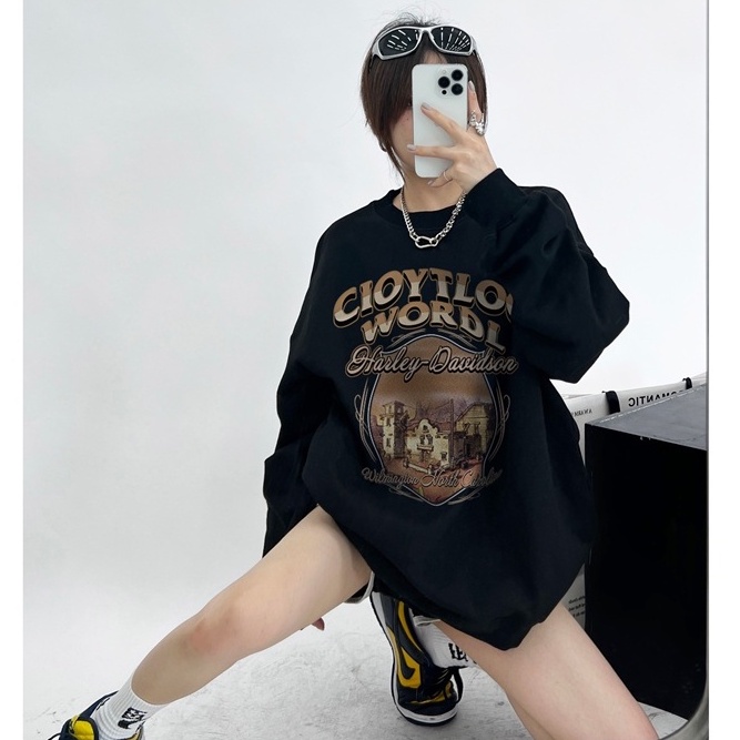 FOCUS Áo Nỉ nữ harajuku retro trắng bigsize áo dài tay unisex 100%cotton
