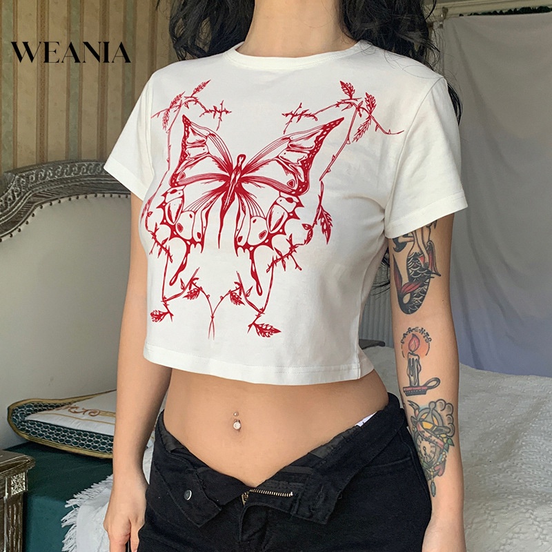 Áo Thun Ngắn Tay Cổ Tròn In Hình Bướm Xinh Xắn Dành Cho Nữ