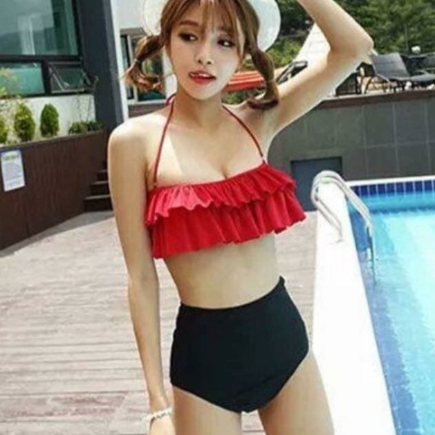 SAVVY Bikini, đồ bơi 2 mảnh nữ đi biển sexy monokini bèo 2 tầng yếm màu đỏ đen cao cấp sang chảnh