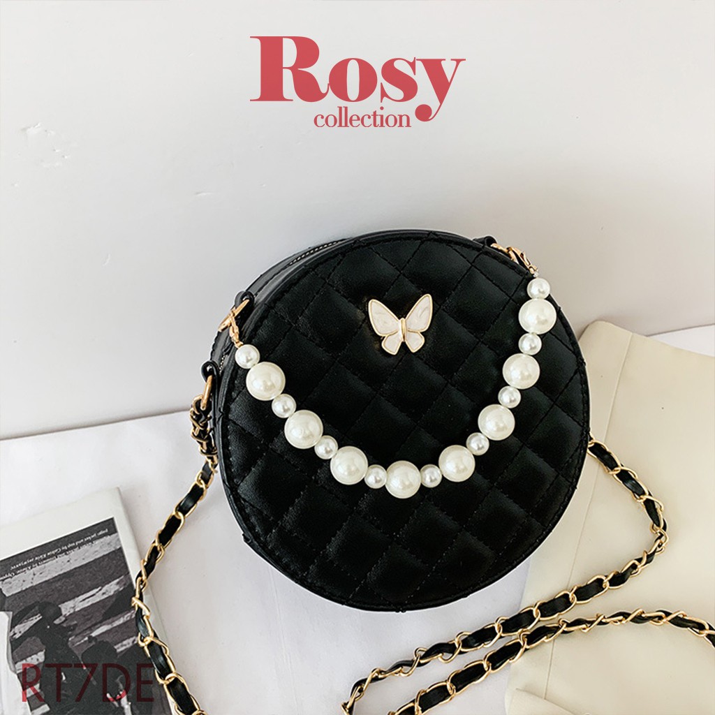 Túi xách nữ, túi đeo chéo ROSY RT7 hình hộp tròn vòng chuỗi, bướm trắng thời trang cao cấp