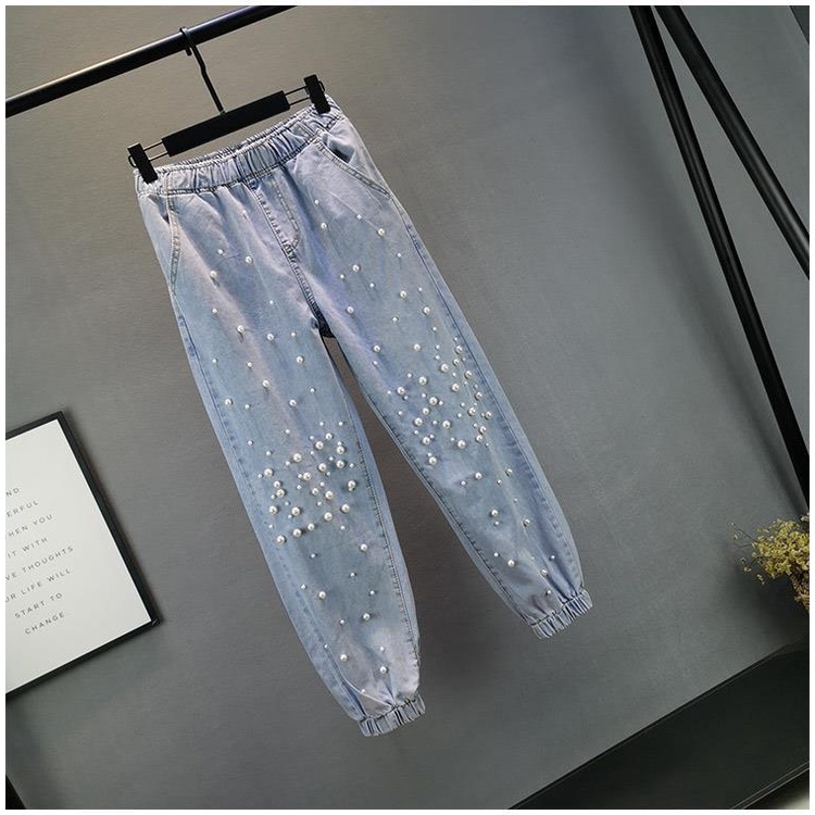 Jeans Women's Fashion 2022 Spring / Summer New European ins loose, skinny, tight waist nails, beads and Harlan trousers