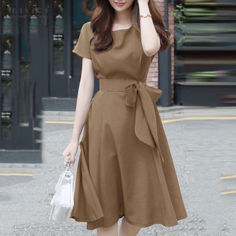 Đầm nữ Zanzea tay ngắn cổ tròn màu trơn thời trang thanh lịch