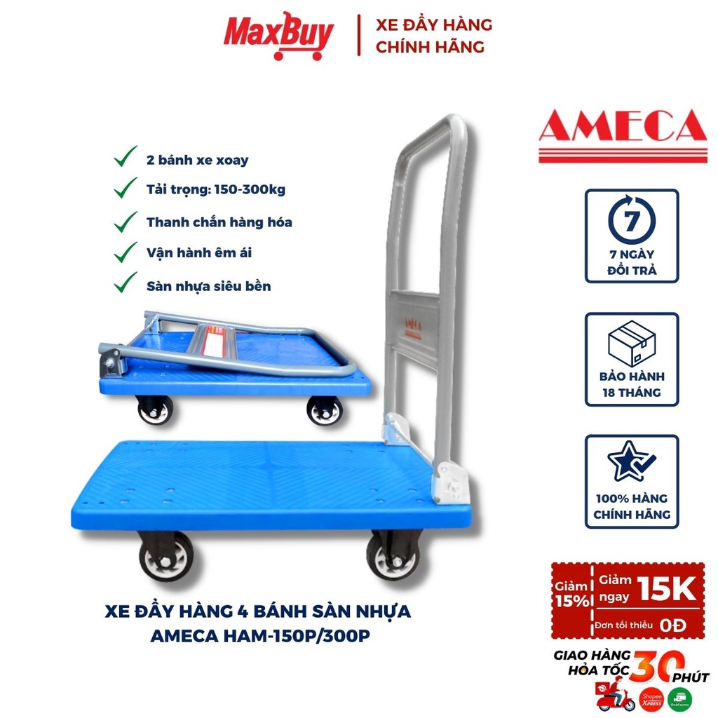 Xe đẩy hàng kéo hàng 4 bánh nhựa giảm ồn tốt sàn nhựa gấp gọn AMECA tải trọng 150kg giao hỏa tốc HN