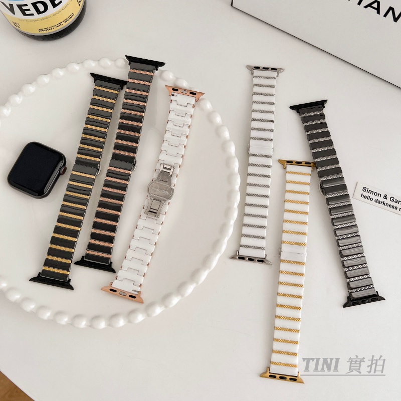 Dây Đồng Hồ Bằng Thép Không Gỉ + Sứ Sang Trọng Cho Apple Watch Series 8 7 6 5 4 3 2 1 SE S8 Ultra 38mm 40mm 41mm 42mm 44mm 45mm