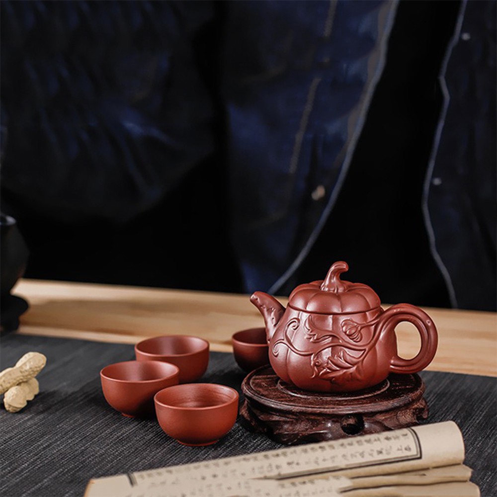 Ấm trà tử sa Nghi Hưng họa tiết dáng bí đỏ phụ kiện bàn trà trà đạo