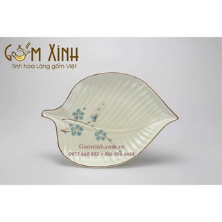 Đĩa lá trầu men kem hoa đào vẽ tay_Đĩa sứ bộ đồ ăn Bát Tràng