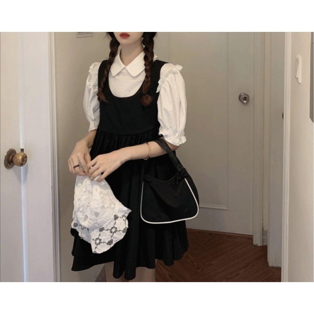 Set Áo Sơ Mi Trắng Tay Bồng Bèo Nhẹ Và Váy Yếm Babydoll Xếp Ly Nhẹ Cực Xinh - S.041 | BigBuy360 - bigbuy360.vn