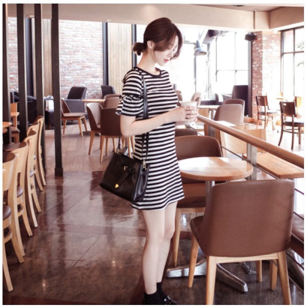 Korean Style Summer Women Clothing Dress O-neck Casual Slim Flare Short Sleeve Striped Midi Pencil Party Dresses