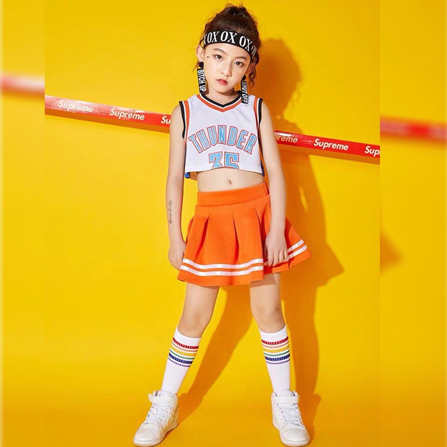 Trang phục nhảy hiện đại trẻ em - Set chân váy cam phối áo Crop Thunder 35