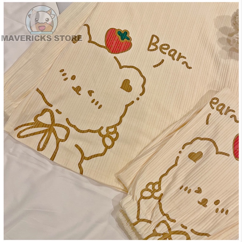 Bộ Đồ Ngủ Tay Dài In Hình Gấu Dễ Thương Phong Cách Hàn Quốc