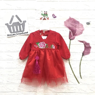 Váy bé gái cách tân Hanbok lụa phối ren mềm mại