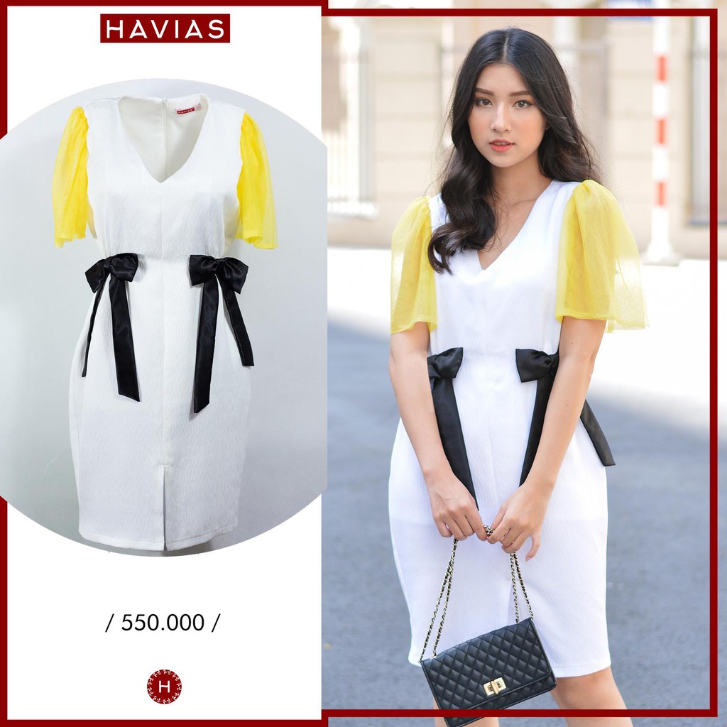 Đầm Yellow Mesh Sleeve Black Bow Rippled White Dress HAVIAS