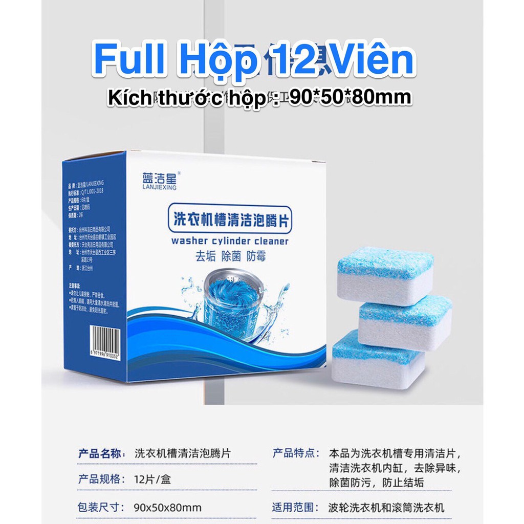 Viên tẩy lồng giặt ⚡FREESHIP⚡ Hộp 12 Viên Tẩy Vệ Sinh Lồng Máy Giặt, Diệt khuẩn và Tẩy chất cặn Lồng máy giặt hiệu quả