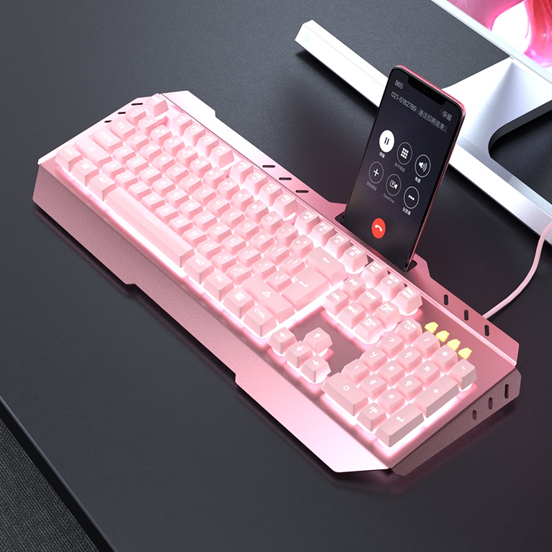 Bàn phím cơ chơi game 104 phím có đèn nền nền màu hồng tím/ và chuột giả cơ máy tính chơi game led USB keyboard
