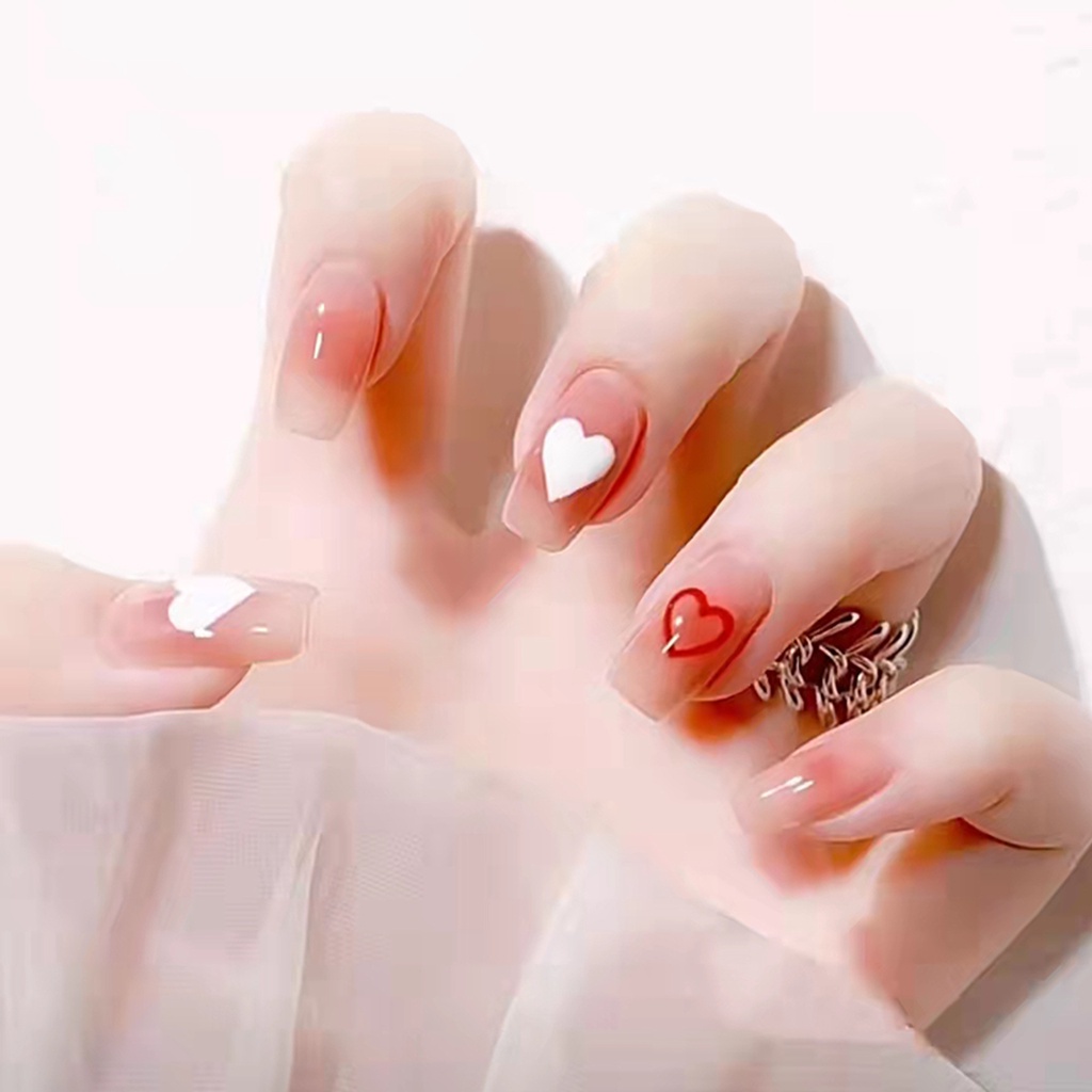 Móng tay giả hồng cam tim (bộ 24 móng) 💖 SẴN KEO DÁN 💖