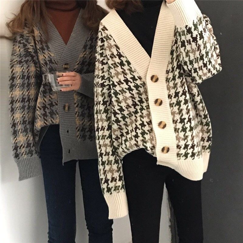 Áo Len Cardigan Nữ Họa Tiết Thổ Cẩm Kẻ Nhỏ Phong Cách Hàn Quốc