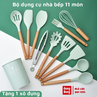 Bộ dụng cụ nhà bếp silicon 11 món chất liệu chịu nhiệt 230 độ C chống dính cách nhiệt tay cầm bằng gỗ tặng kèm xô đựng