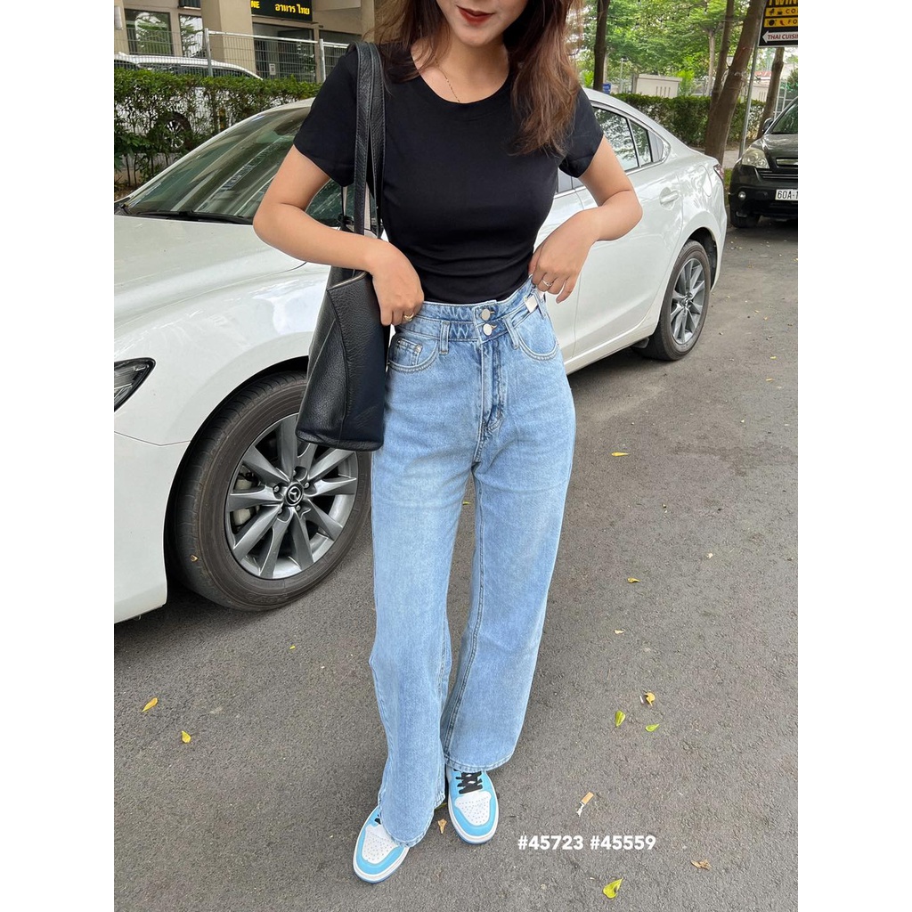 Áo thun body 9811 trơn xoắn lưng khoét - Quần baggy 3139 ống rộng nút đôi đai đôi
