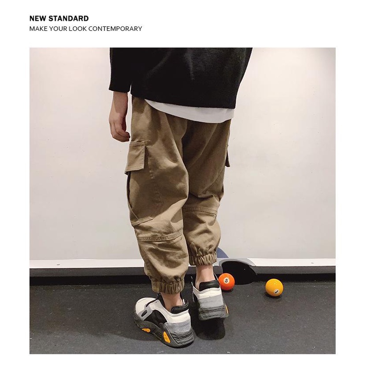 quần dài kaki bé trai chất mềm màu nâu có túi dáng jogger có lót lông Shushibaby