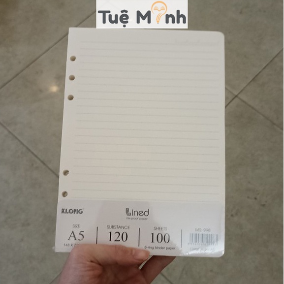 Ruột sổ còng A5 kẻ ngang 100 tờ dày 120gsm, giấy refill thay binder file còng Klong MS 998