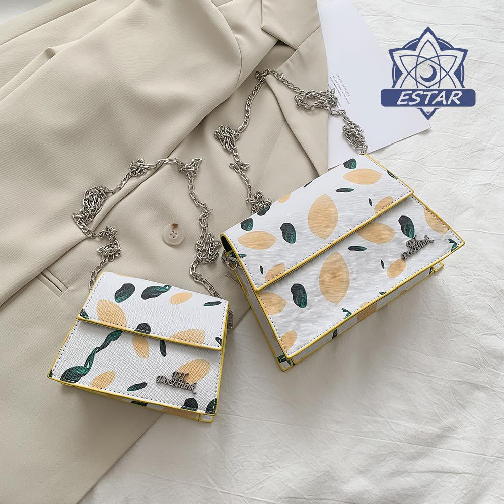 EE Plant Leaf Print Leather Crossbody Bag Women Chain Small Shoulder Handbag